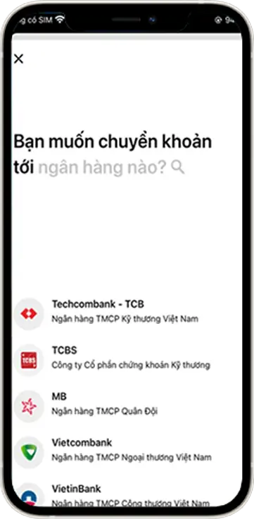 Bước 6: Đăng nhập vào ngân hàng Chọn mục chuyển khoản và chọn ngân hàng mình chuyển